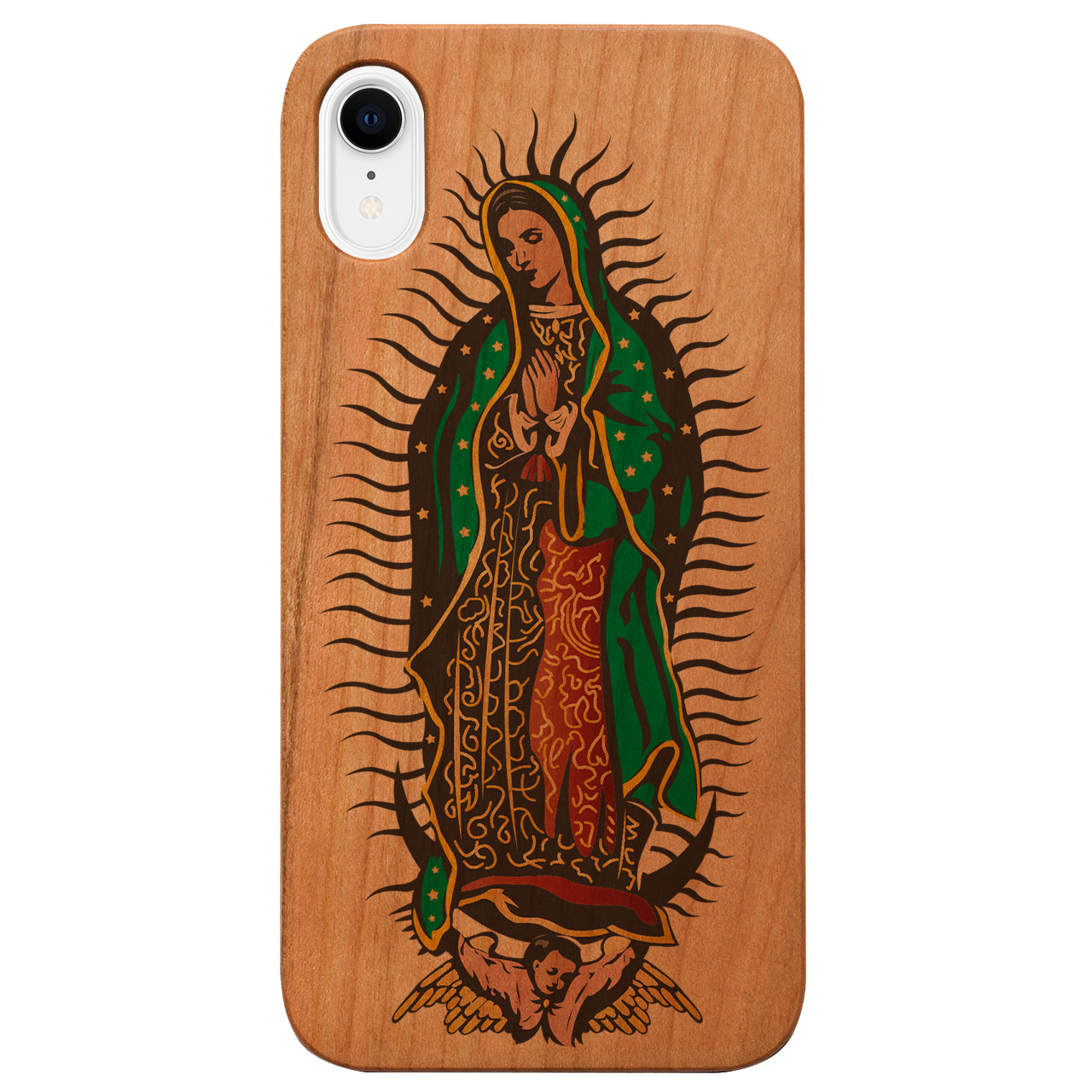 Guadalupe UV Color Printed phone case showcasing unique wood craftsmanship and vibrant designs, perfect for iPhone and Samsung models.