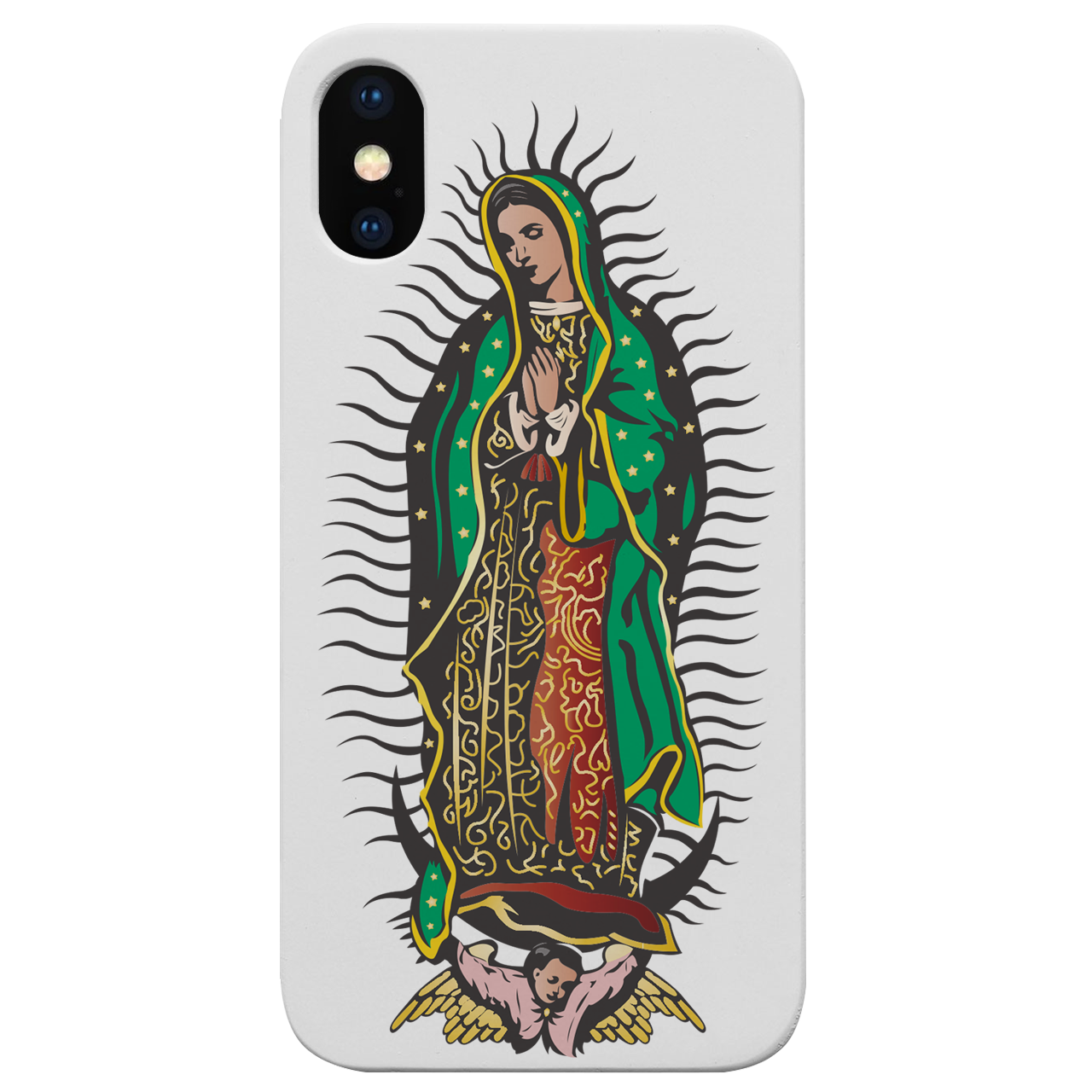 Guadalupe UV Color Printed phone case showcasing unique wood craftsmanship and vibrant designs, perfect for iPhone and Samsung models.