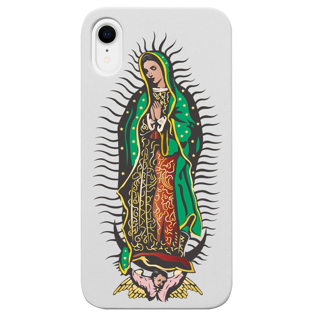 Guadalupe UV Color Printed phone case showcasing unique wood craftsmanship and vibrant designs, perfect for iPhone and Samsung models.