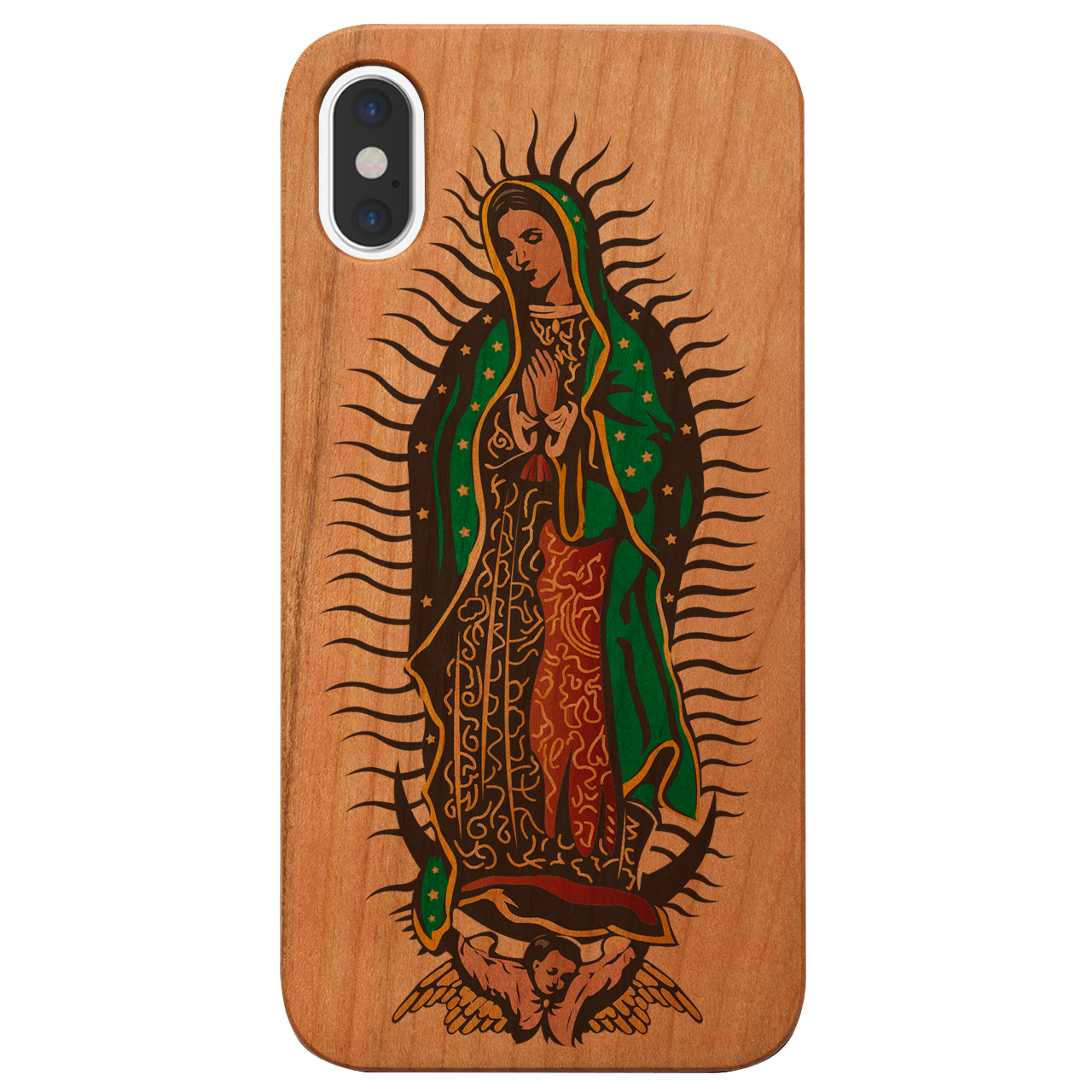 Guadalupe UV Color Printed phone case showcasing unique wood craftsmanship and vibrant designs, perfect for iPhone and Samsung models.