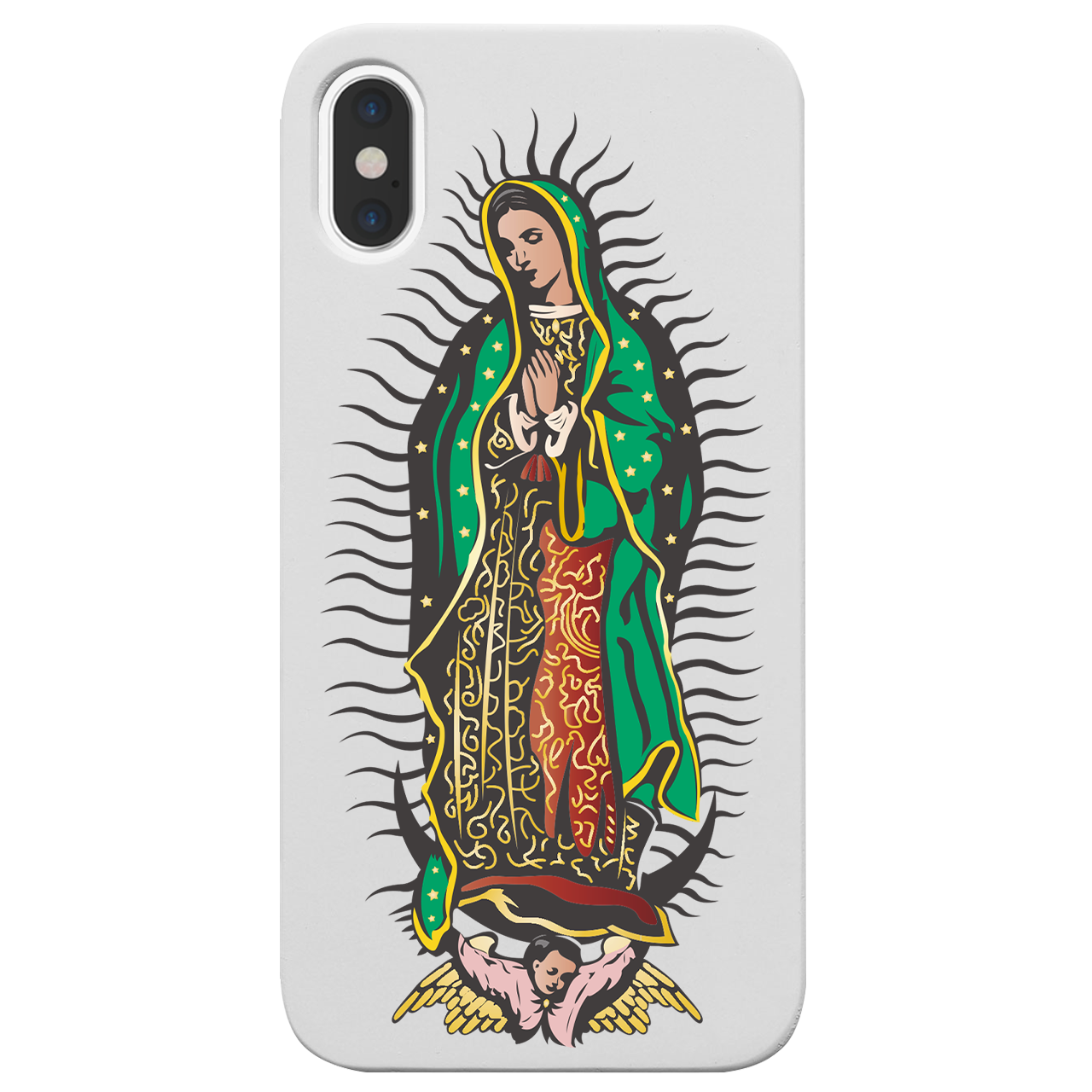 Guadalupe UV Color Printed phone case showcasing unique wood craftsmanship and vibrant designs, perfect for iPhone and Samsung models.