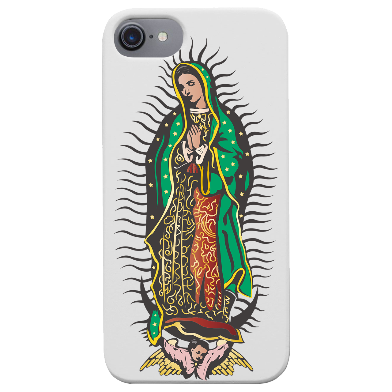 Guadalupe UV Color Printed phone case showcasing unique wood craftsmanship and vibrant designs, perfect for iPhone and Samsung models.