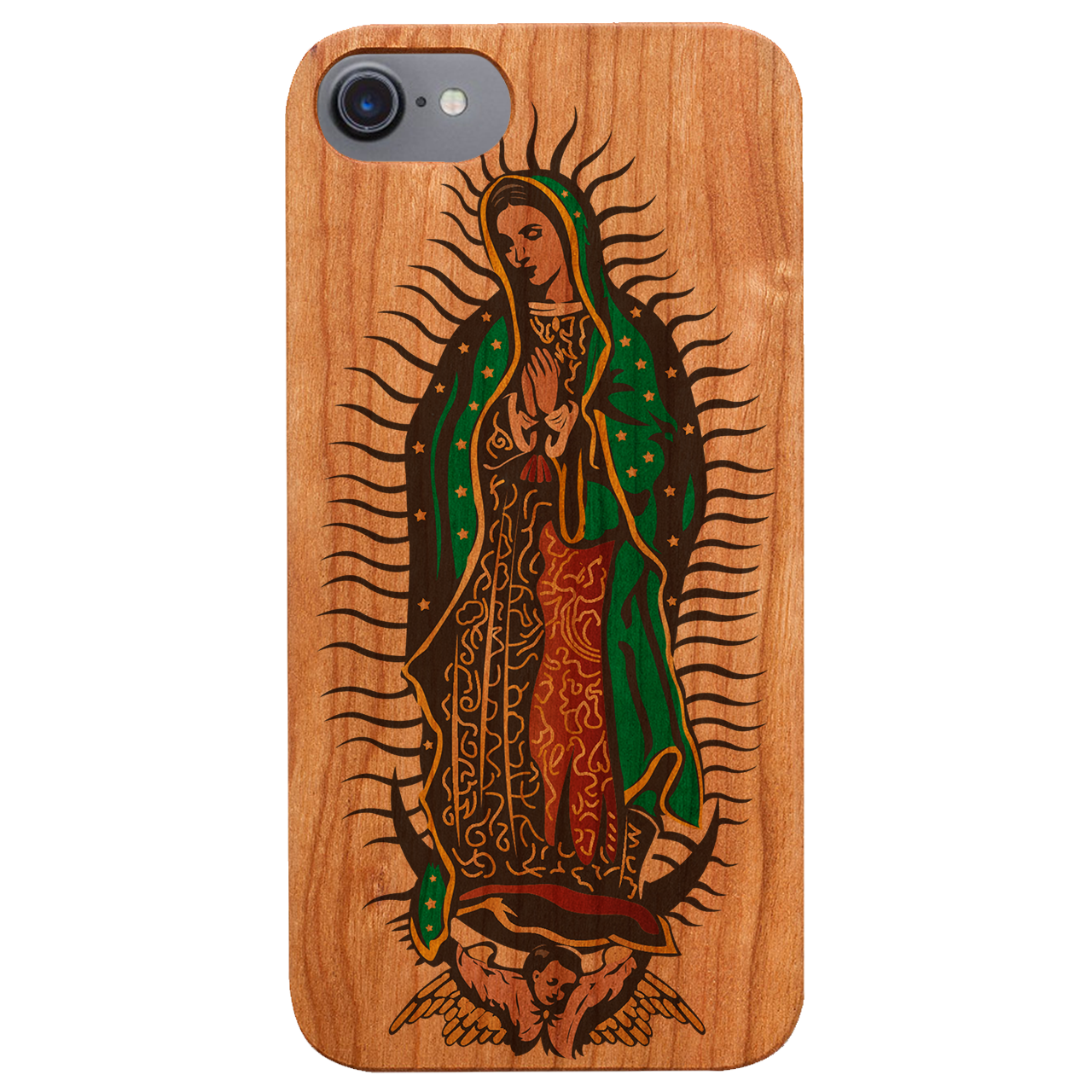 Guadalupe UV Color Printed phone case showcasing unique wood craftsmanship and vibrant designs, perfect for iPhone and Samsung models.