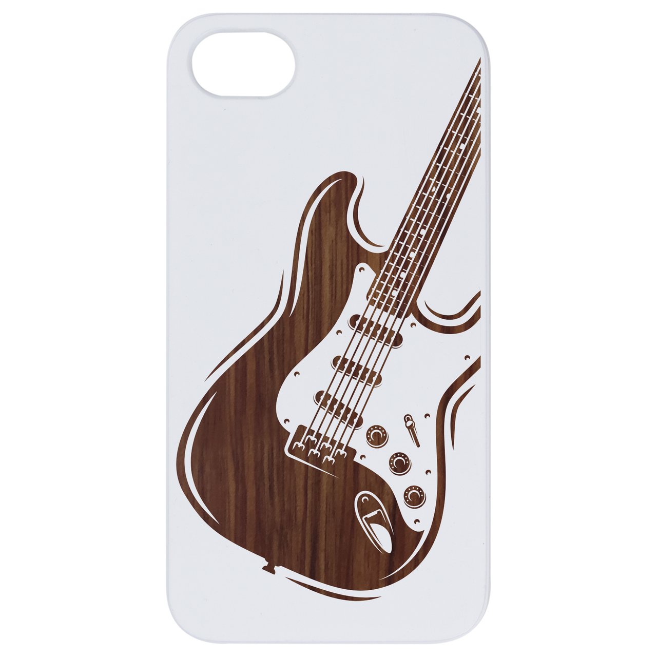 Guitar 2 - Engraved wooden phone case showcasing intricate laser-engraved design and durable wood surface.