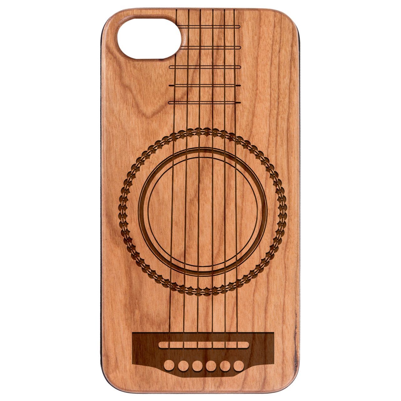 Guitar 3 - Engraved wooden phone case showcasing intricate laser engraving and natural wood finish.