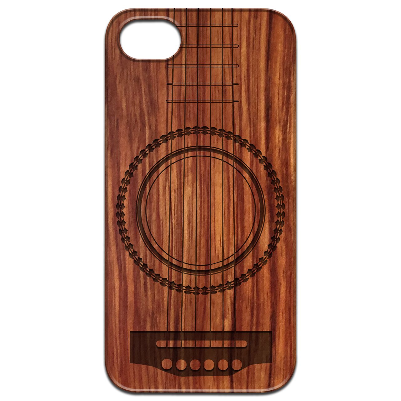 Guitar 3 - Engraved wooden phone case showcasing intricate laser engraving and natural wood finish.