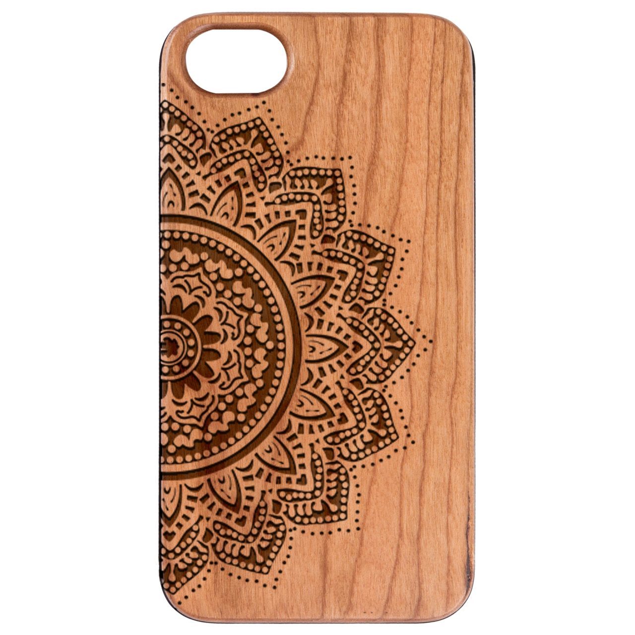 Half Mandala 1 - Engraved wooden phone case featuring intricate mandala design, crafted from natural wood with a durable finish.
