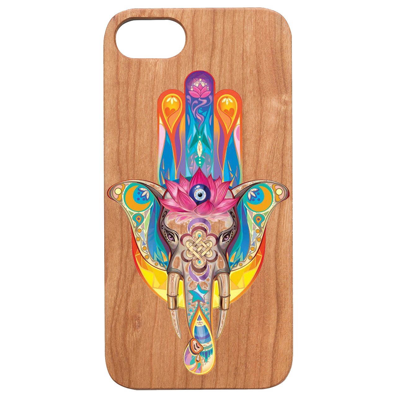 Hamsa Elephant UV Color Printed phone case showcasing vibrant design and natural wood finish.