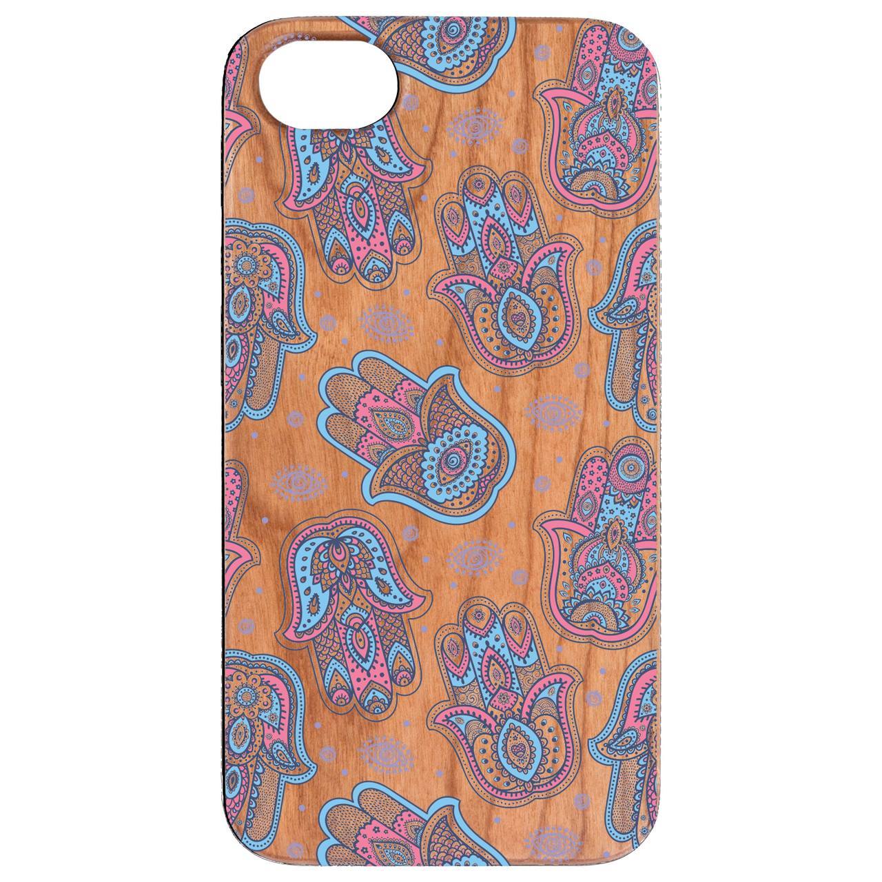 Hamsa Pattern UV Color Printed phone case showcasing intricate design on natural wood surface with rubber bumper.