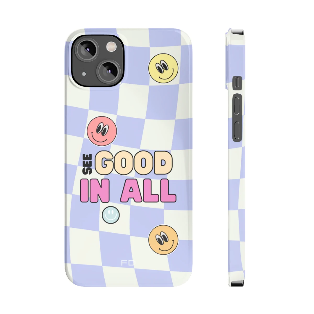 Happy Smiley Face Slim Case for iPhone 14, featuring a glossy finish and cheerful design.