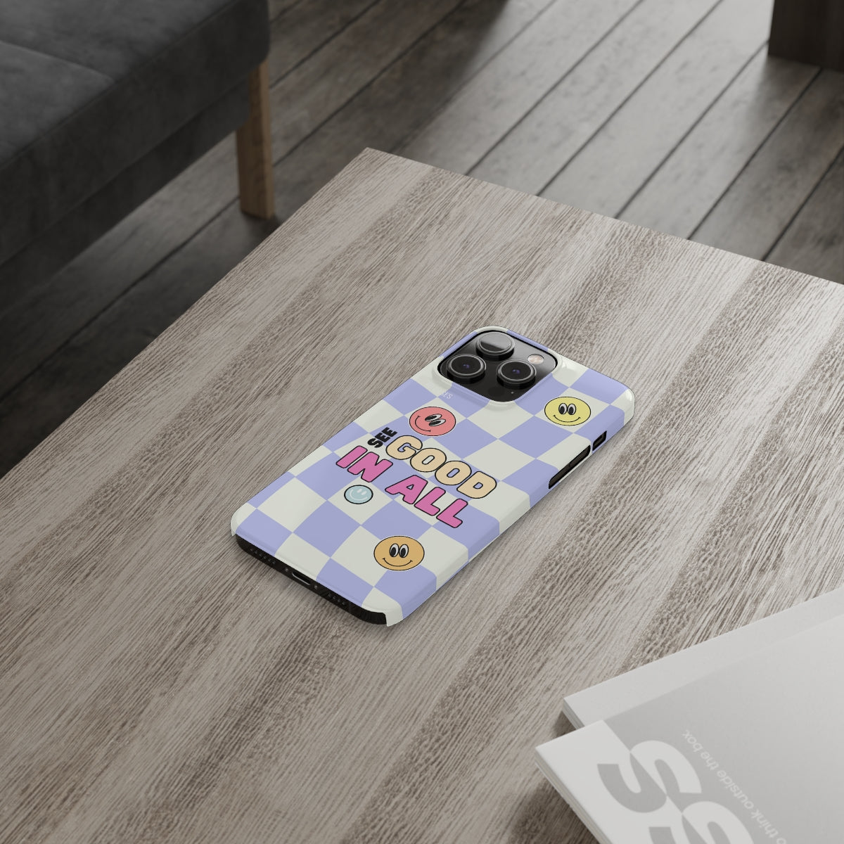 Happy Smiley Face Slim Case for iPhone 14, featuring a glossy finish and cheerful design.