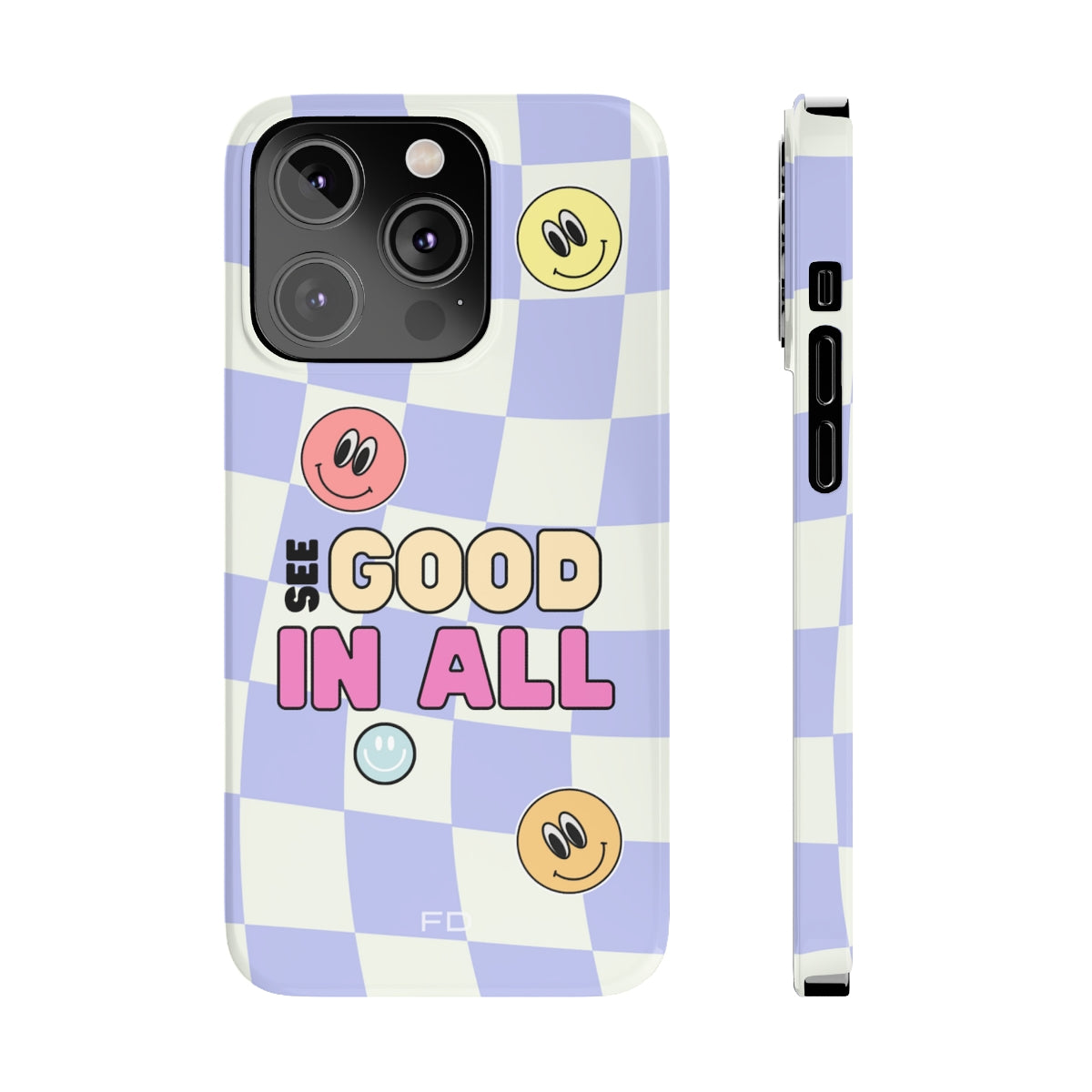 Happy Smiley Face Slim Case for iPhone 14, featuring a glossy finish and cheerful design.