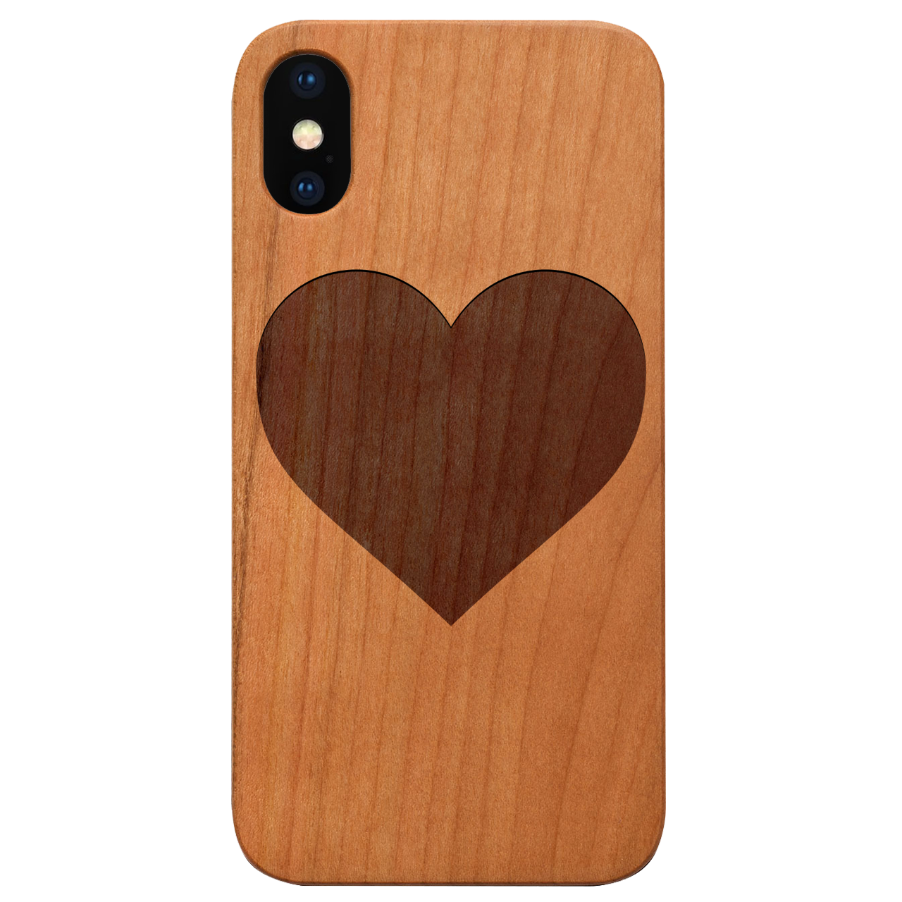 Heart - Engraved wooden phone case showcasing intricate laser-engraved design on a natural wood surface.