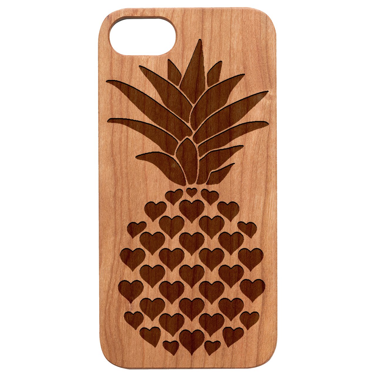 Heart Pineapple Engraved wooden phone case showcasing intricate laser-engraved design and natural wood finish.