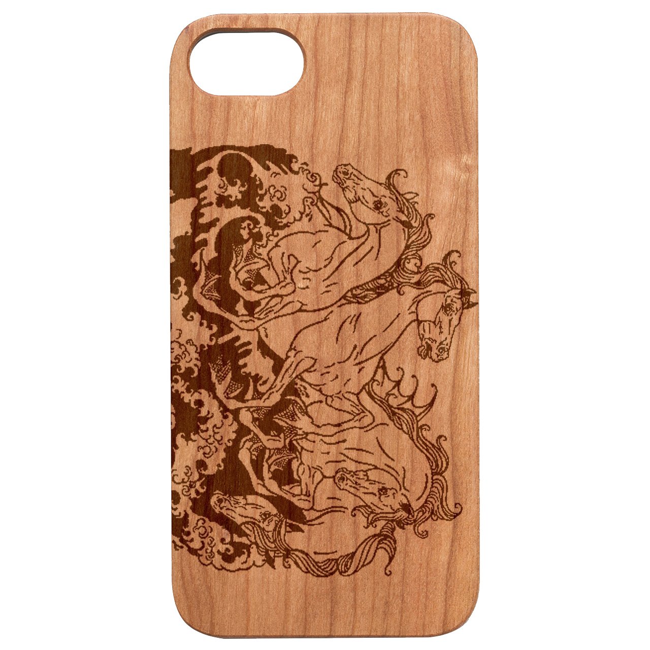 Horse Sea - Engraved wooden phone case showcasing intricate laser engraving and natural wood finish.