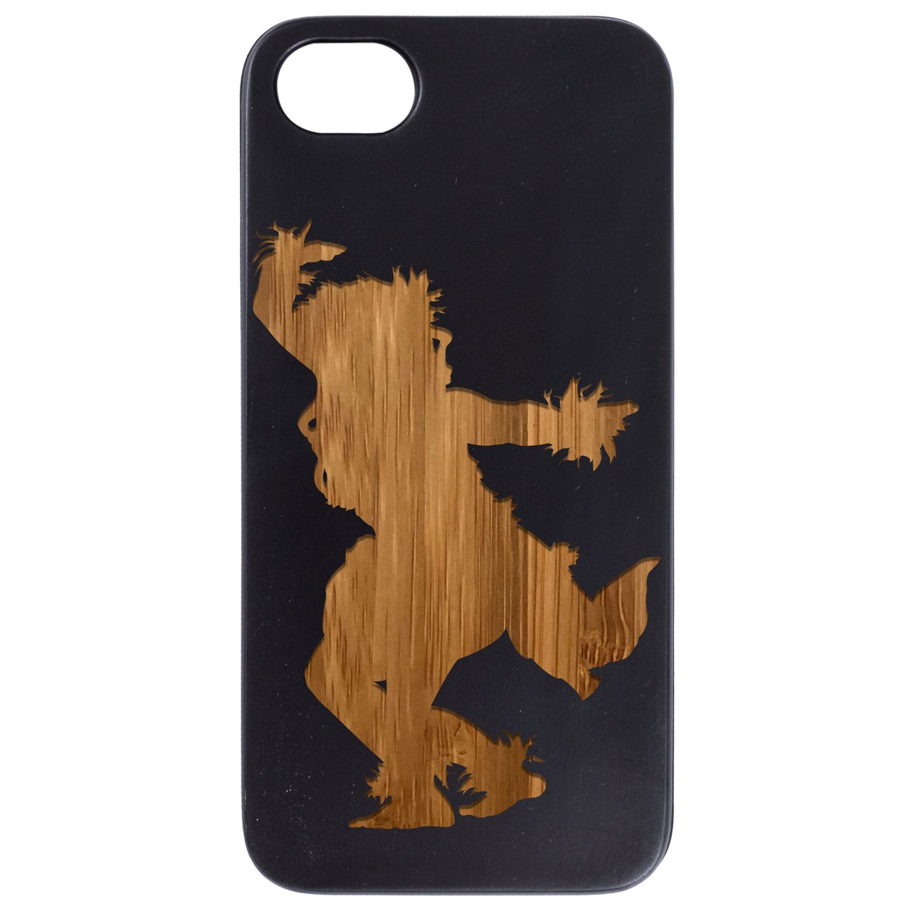 Hula Dancer Engraved wooden phone case showcasing intricate design and natural wood finish.
