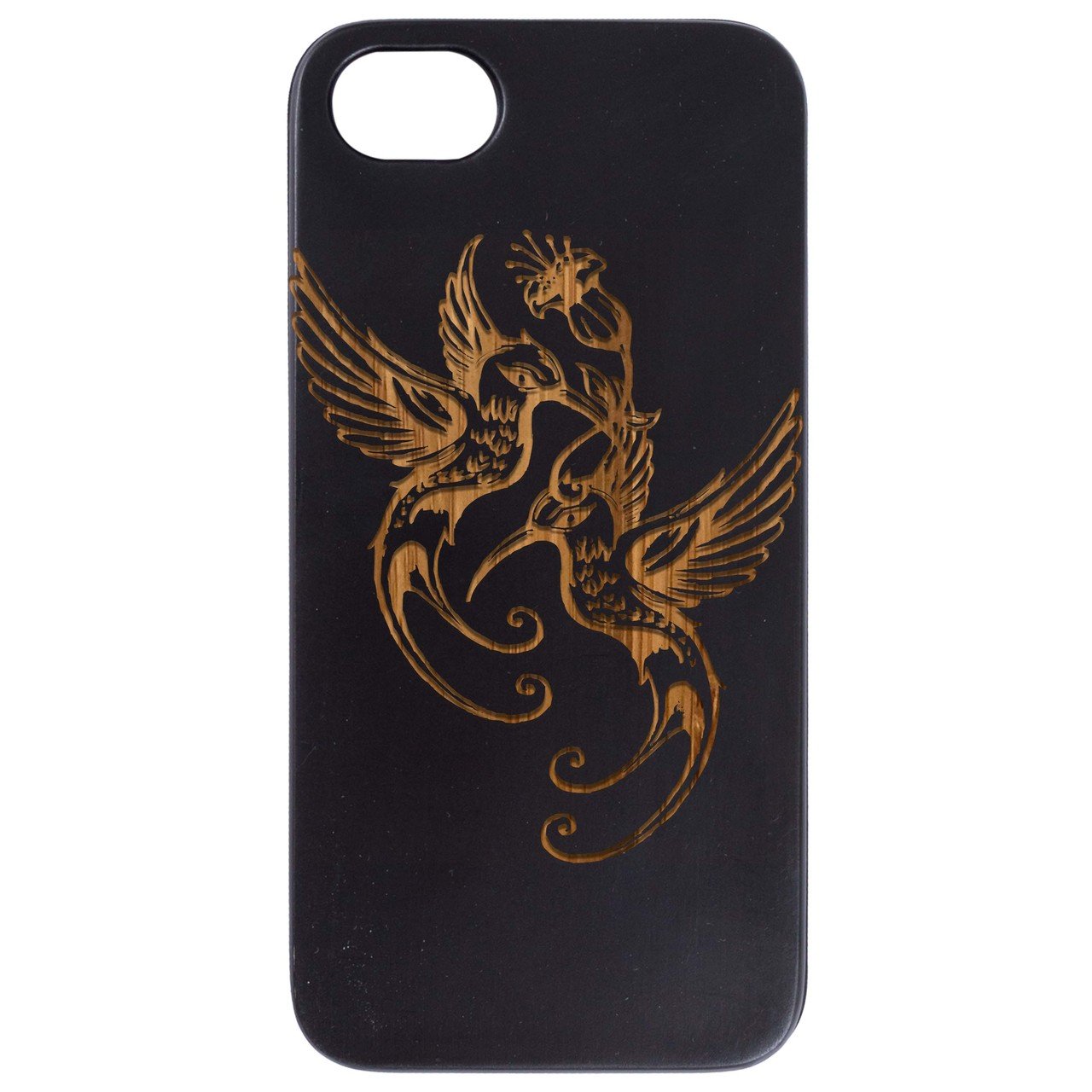 Humming Birds Engraved wooden phone case showcasing intricate design and natural wood finish.