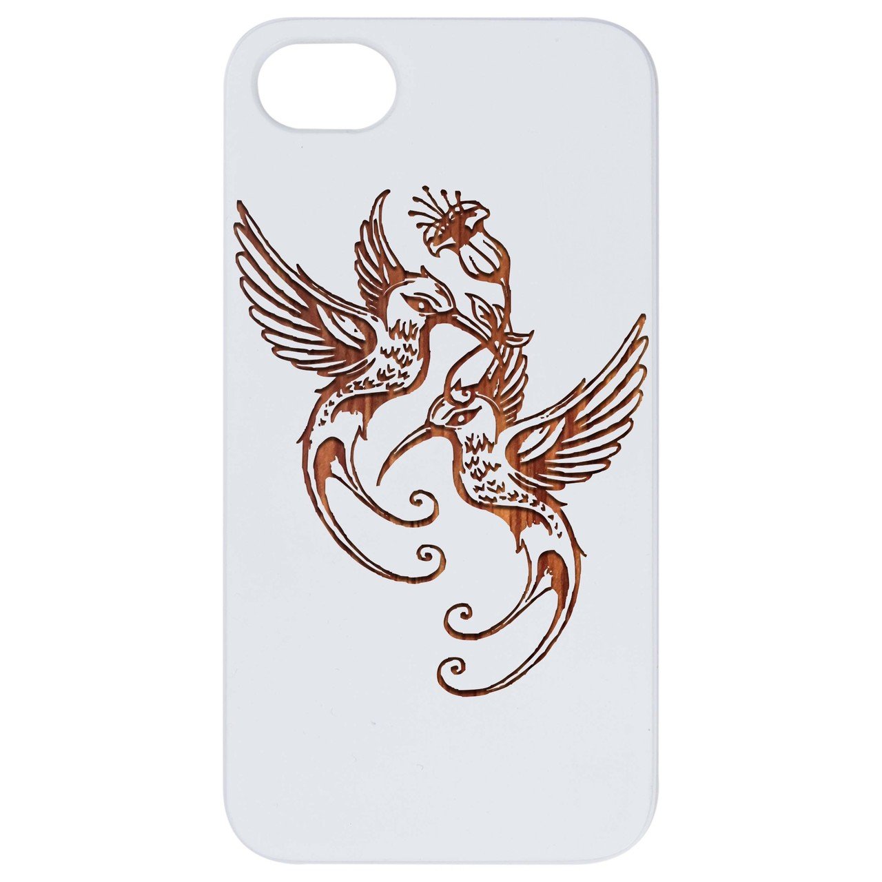 Humming Birds Engraved wooden phone case showcasing intricate design and natural wood finish.