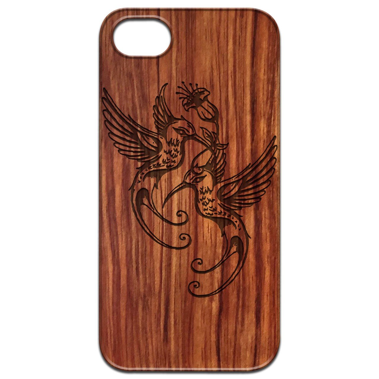 Humming Birds Engraved wooden phone case showcasing intricate design and natural wood finish.