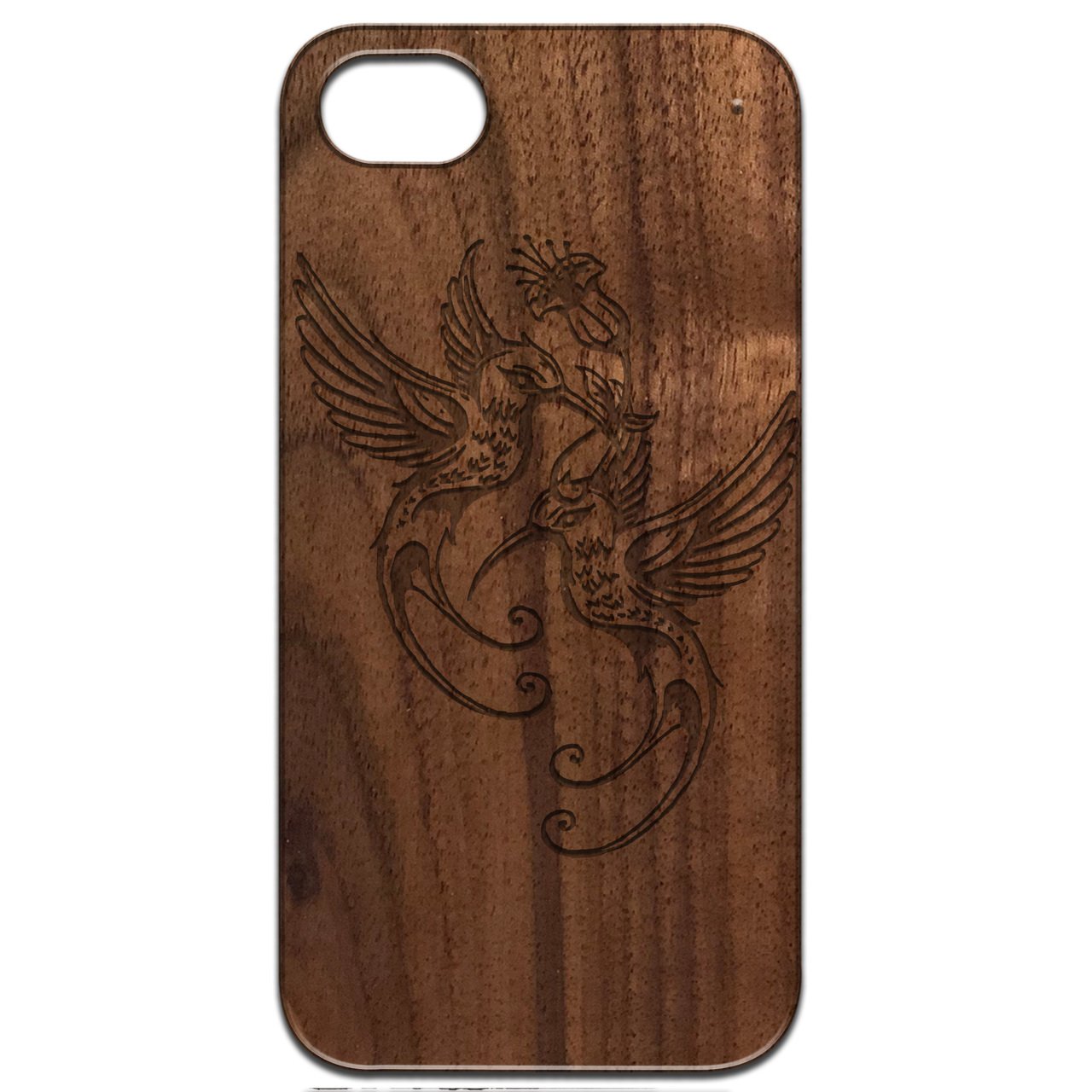Humming Birds Engraved wooden phone case showcasing intricate design and natural wood finish.