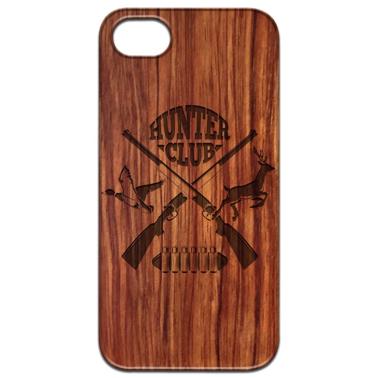 Hunter Club - Engraved wooden phone case showcasing unique laser-engraved design and natural wood finish.