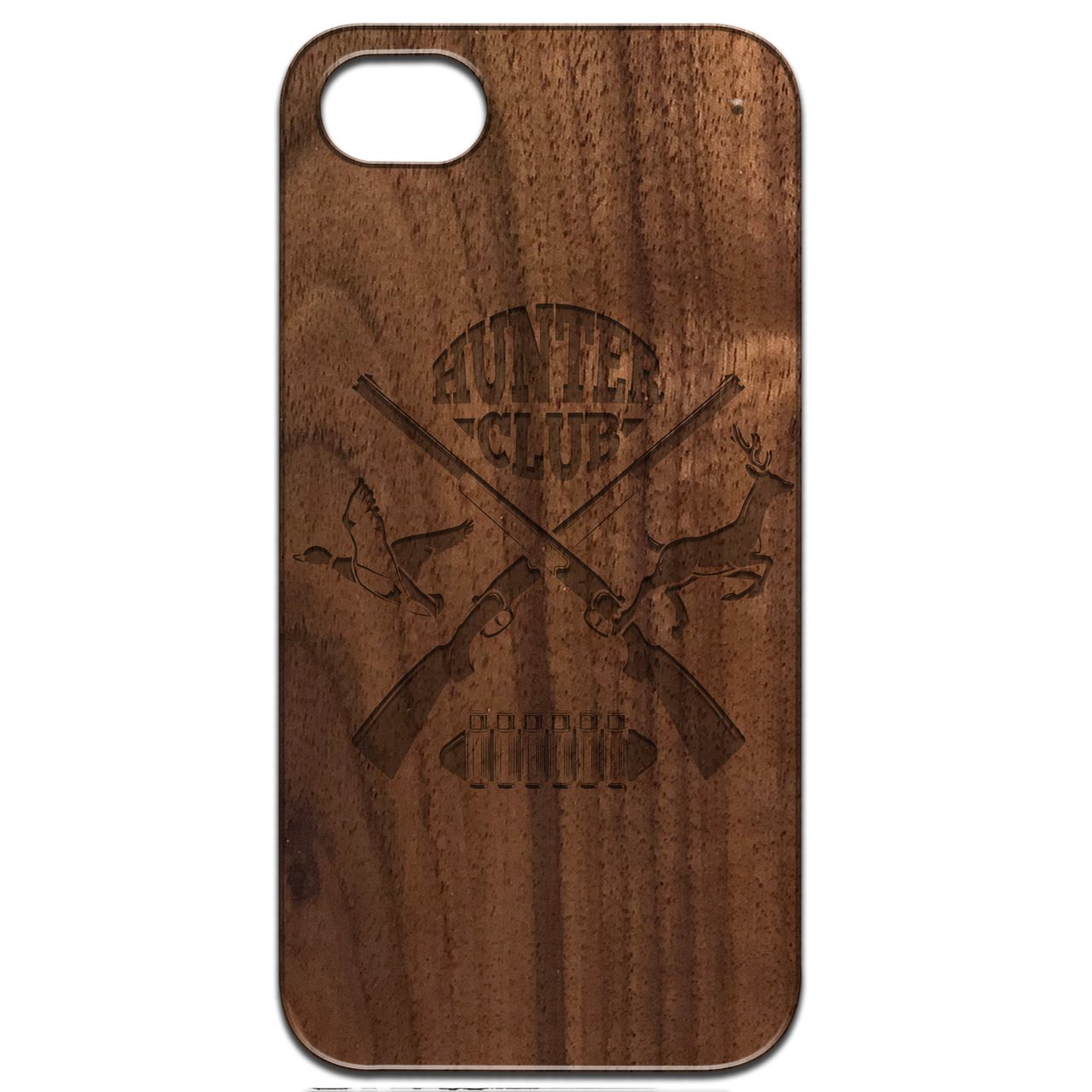 Hunter Club - Engraved wooden phone case showcasing unique laser-engraved design and natural wood finish.