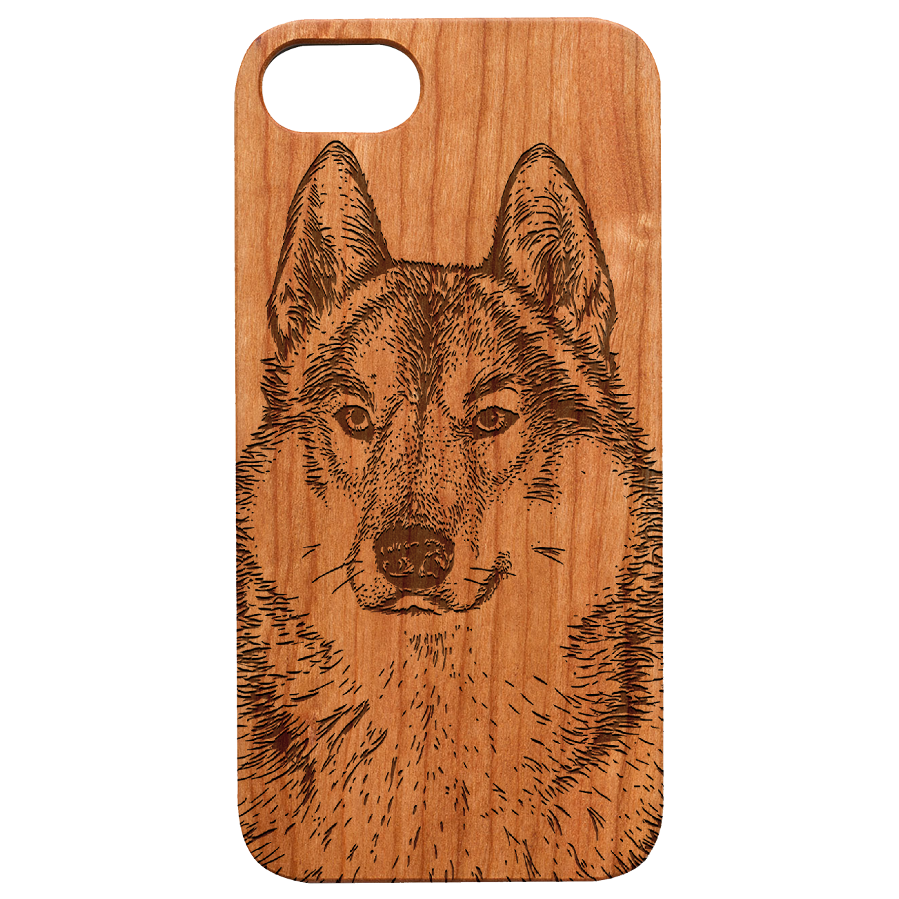 Husky Engraved wooden phone case showcasing unique laser-engraved design and natural wood finish.