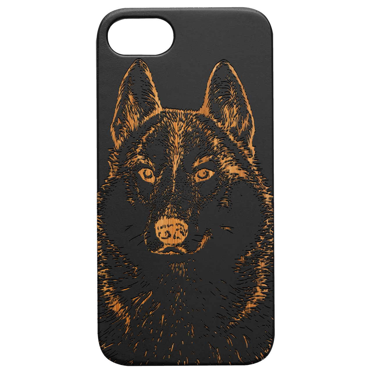 Husky Engraved wooden phone case showcasing unique laser-engraved design and natural wood finish.