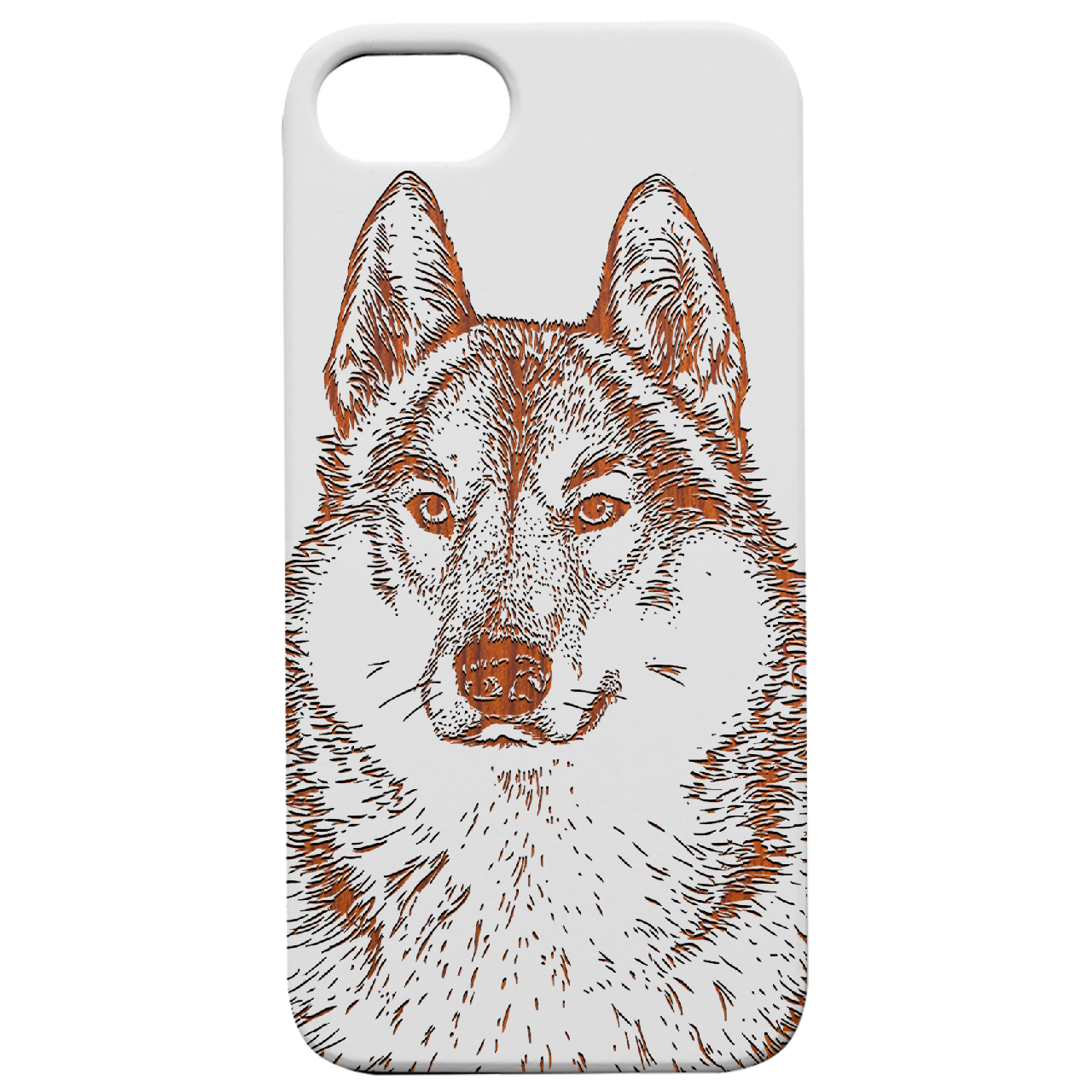 Husky Engraved wooden phone case showcasing unique laser-engraved design and natural wood finish.