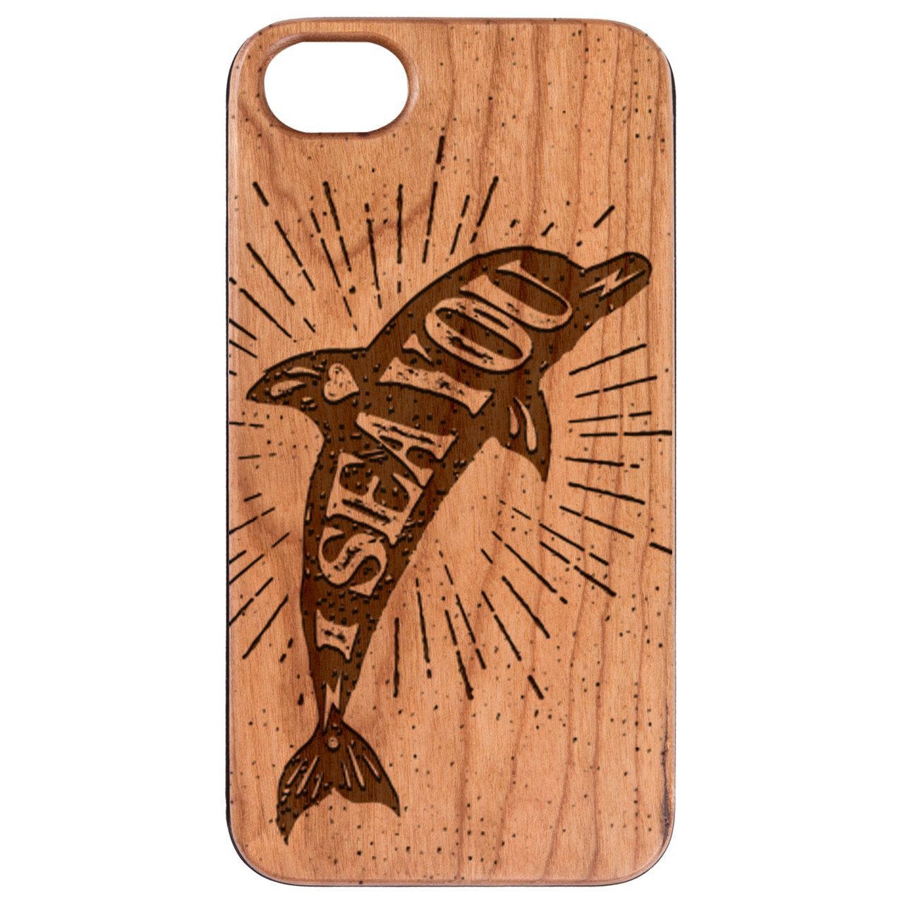 I Sea You - Engraved wooden phone case showcasing unique laser-engraved design and natural wood finish.