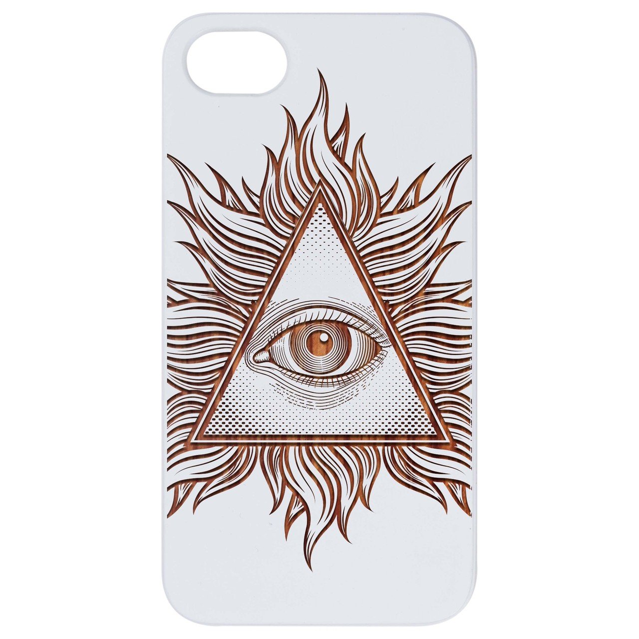Illuminati - Engraved wooden phone case showcasing unique laser-engraved design and natural wood finish.