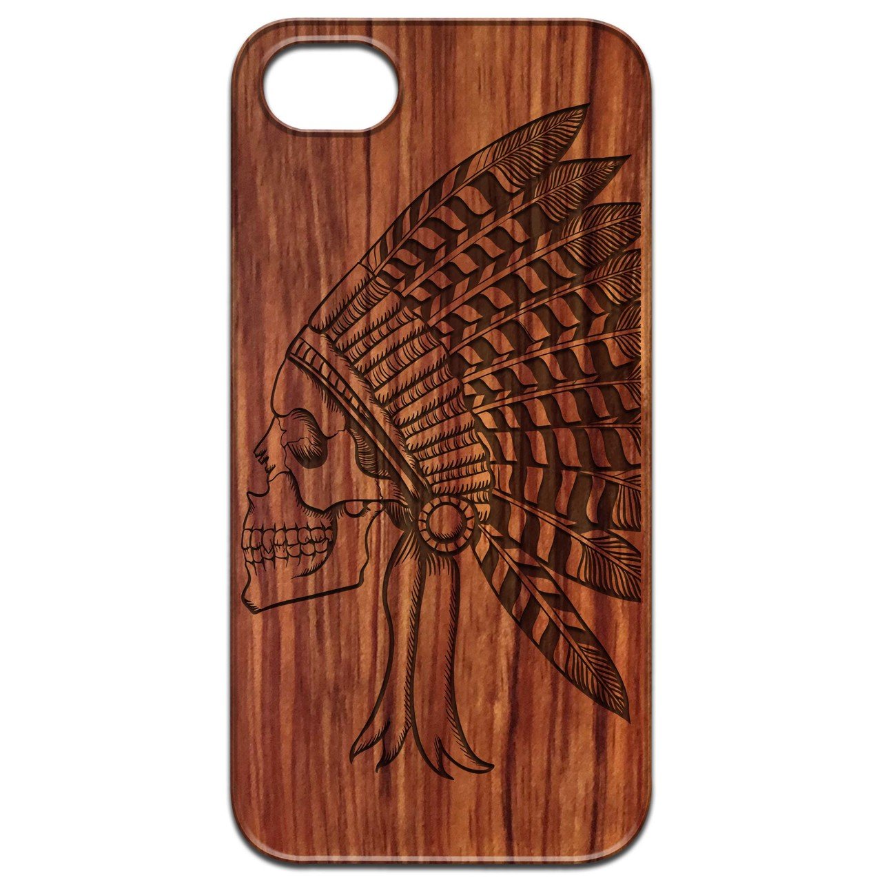 Indian Skull 1 - Engraved wooden phone case featuring intricate skull design and natural wood finish.