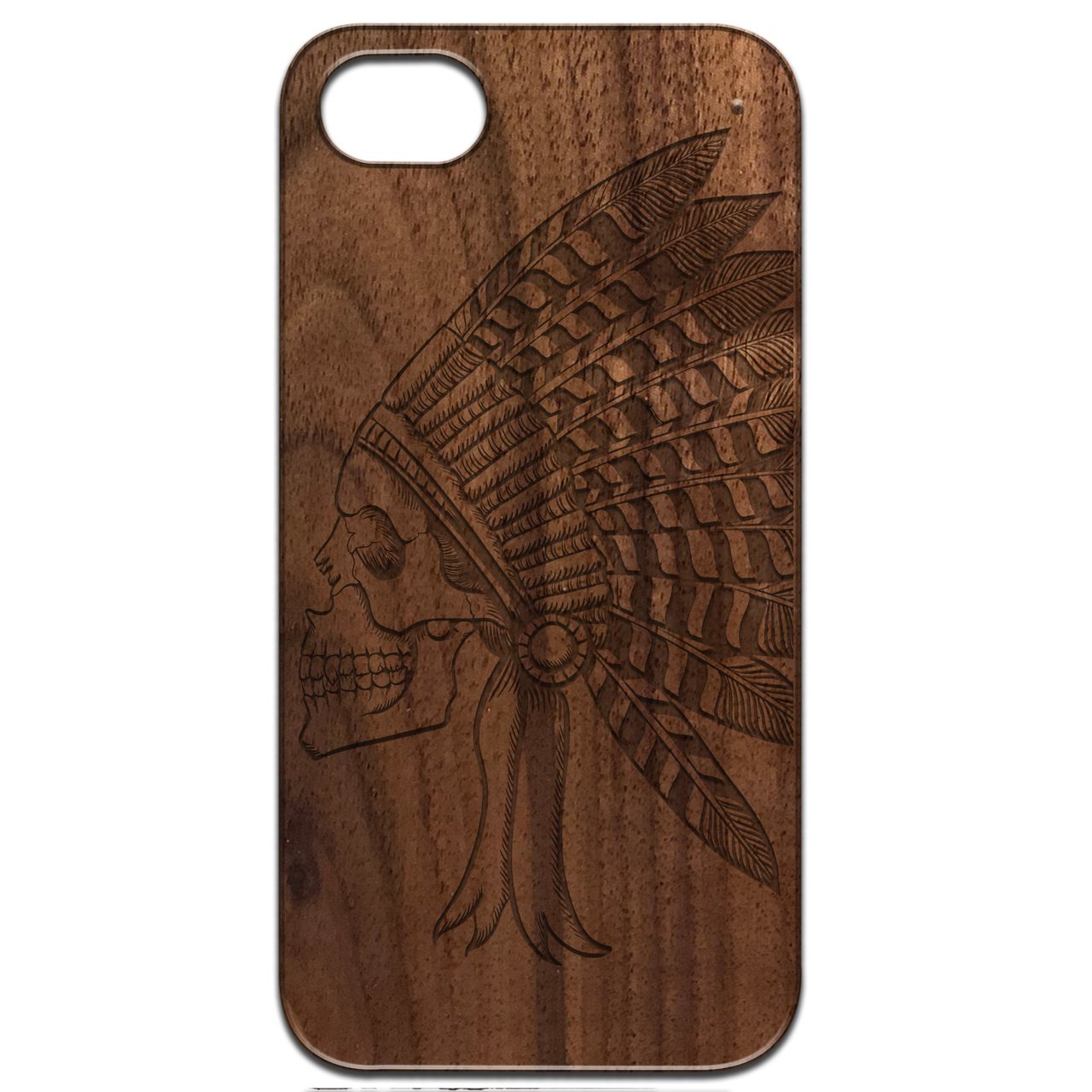 Indian Skull 1 - Engraved wooden phone case featuring intricate skull design and natural wood finish.