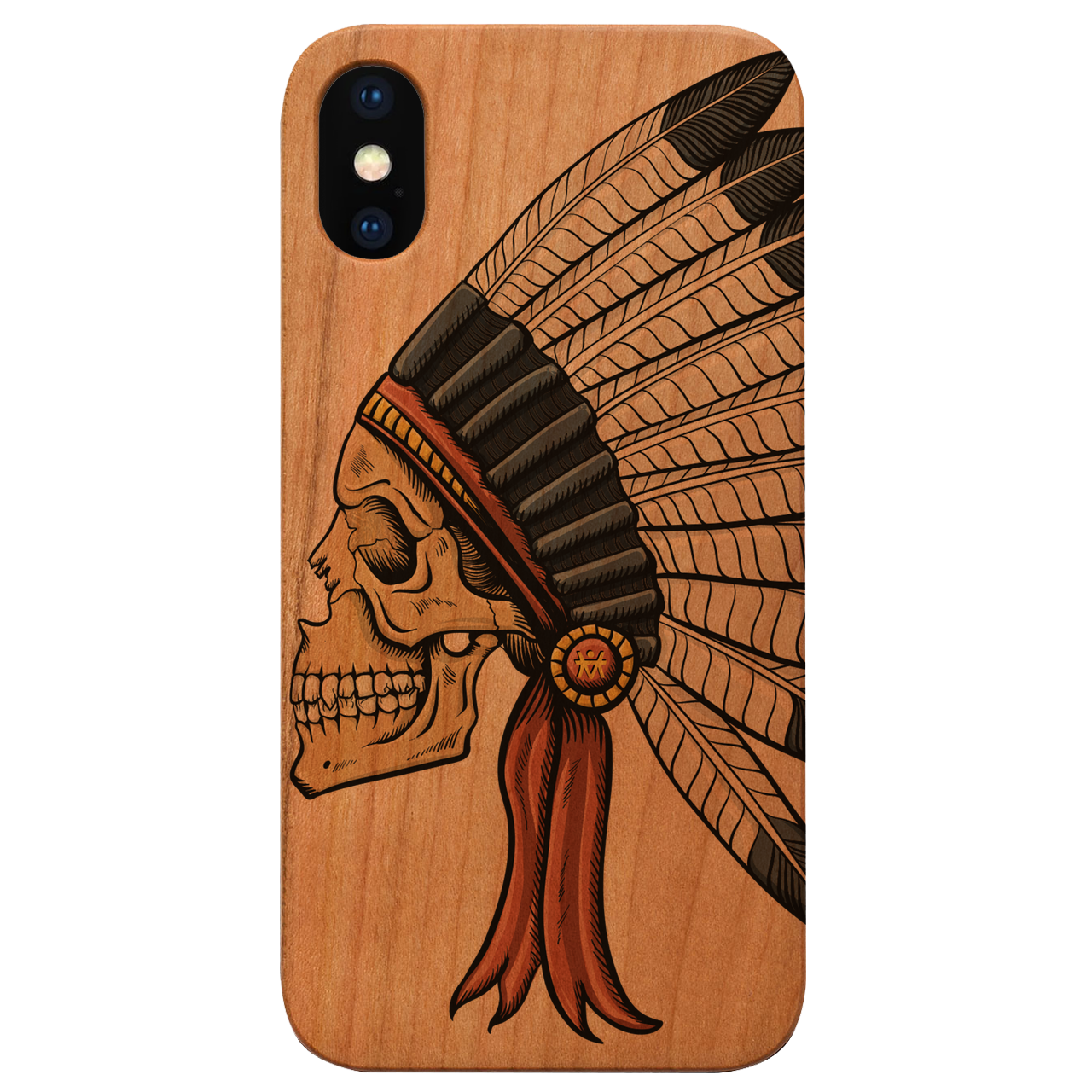 Indian Skull UV Color Printed phone case showcasing vibrant colors and intricate design on a wooden surface.