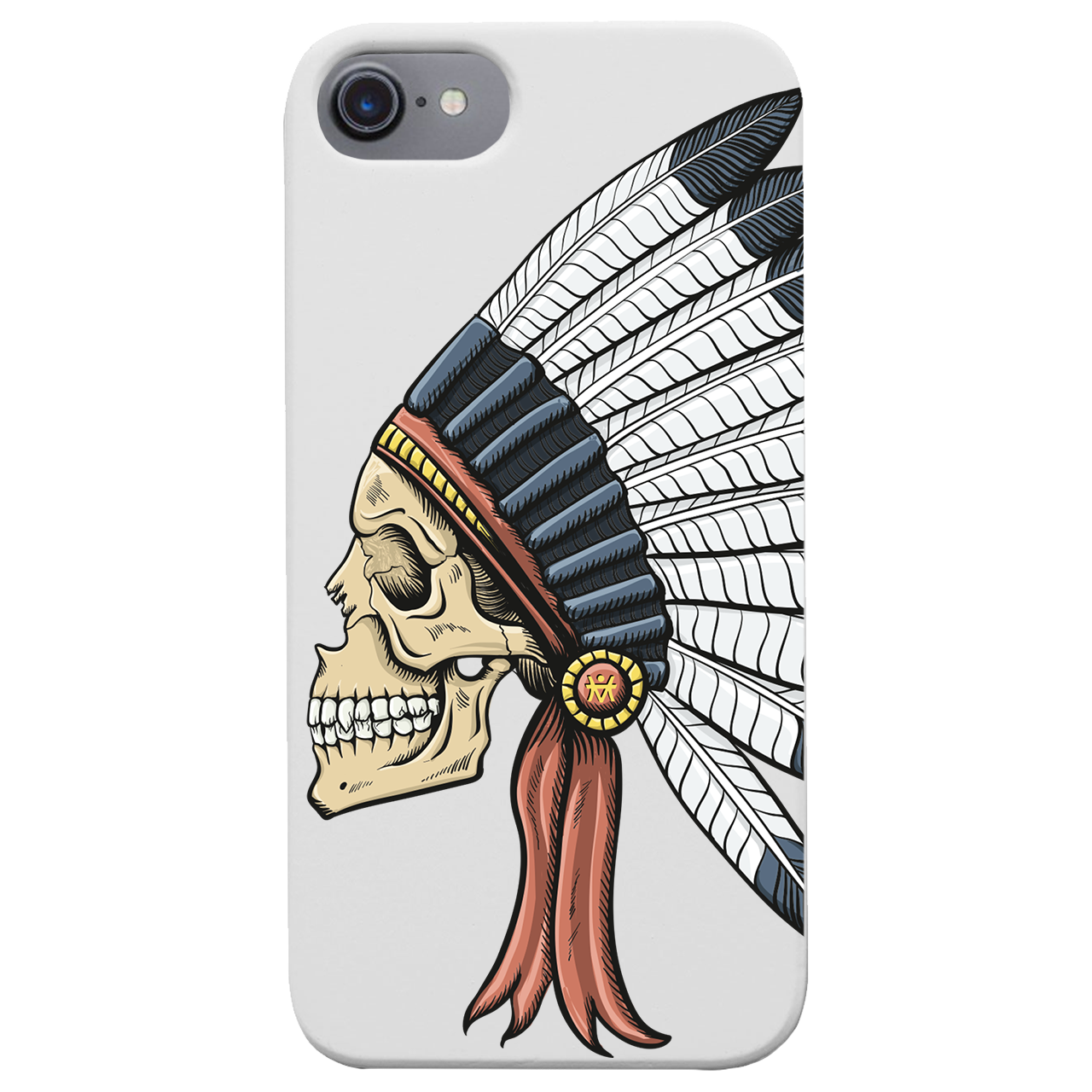 Indian Skull UV Color Printed phone case showcasing vibrant colors and intricate design on a wooden surface.