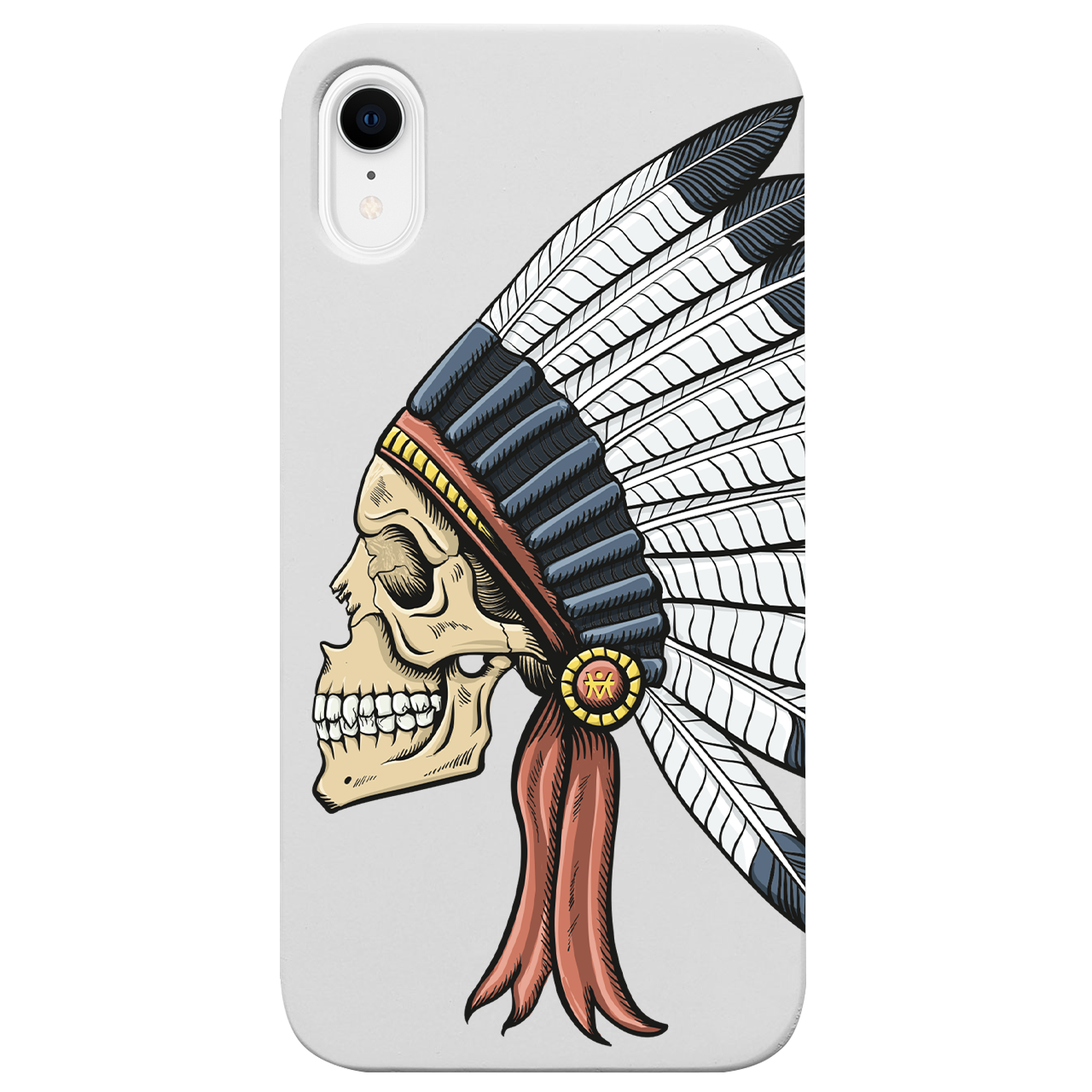 Indian Skull UV Color Printed phone case showcasing vibrant colors and intricate design on a wooden surface.