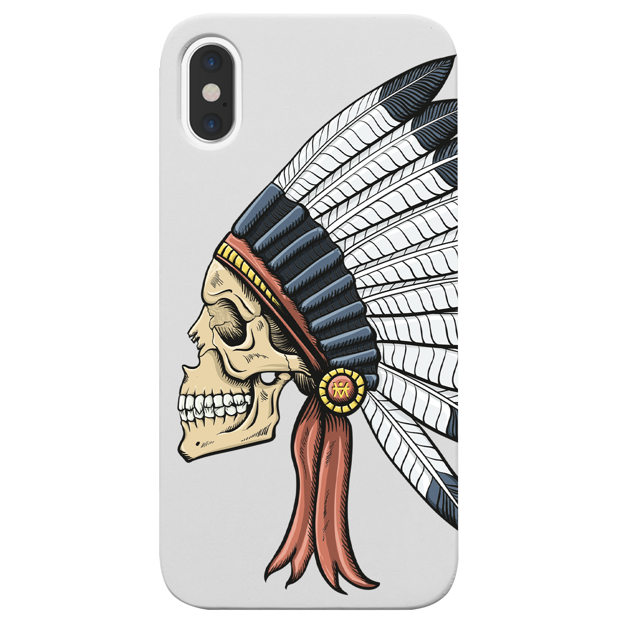 Indian Skull UV Color Printed phone case showcasing vibrant colors and intricate design on a wooden surface.