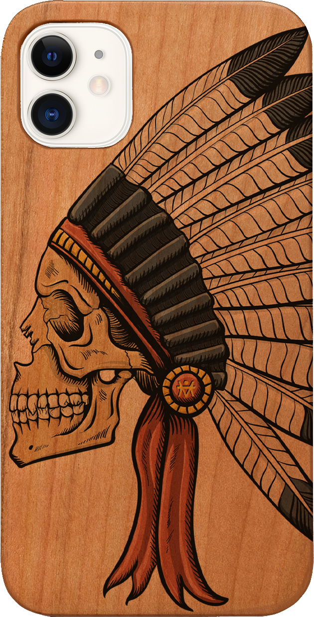 Indian Skull UV Color Printed phone case showcasing vibrant colors and intricate design on a wooden surface.