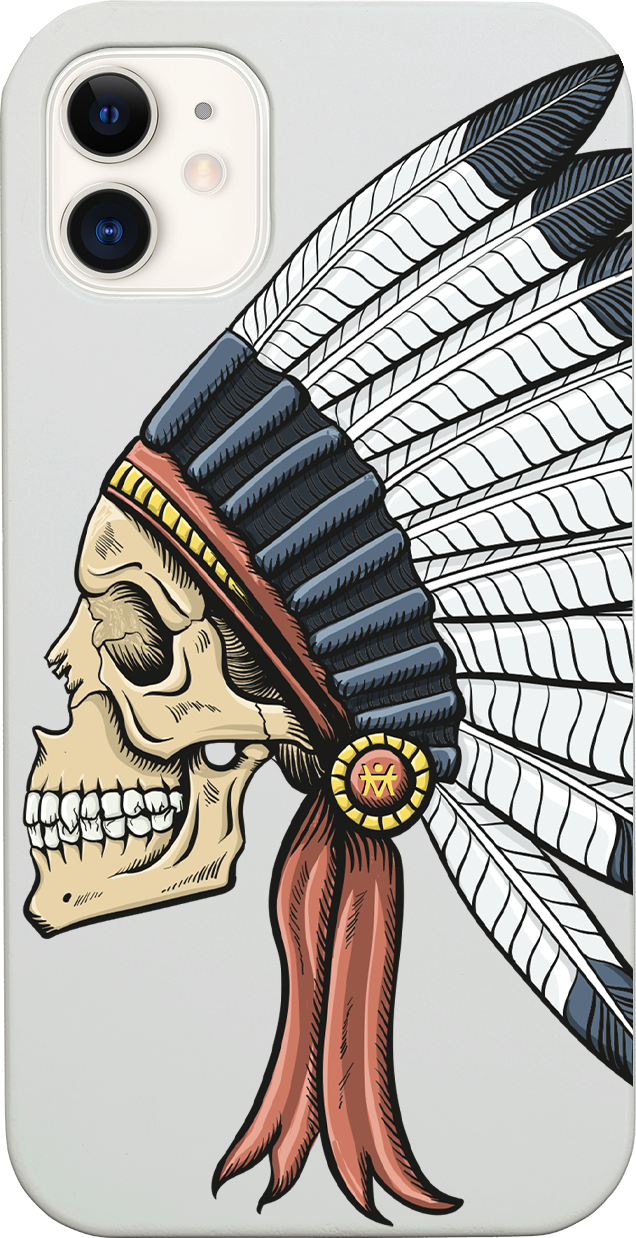 Indian Skull UV Color Printed phone case showcasing vibrant colors and intricate design on a wooden surface.