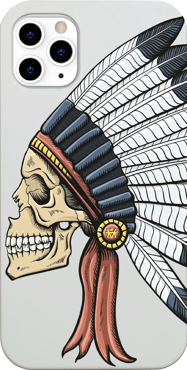 Indian Skull UV Color Printed phone case showcasing vibrant colors and intricate design on a wooden surface.