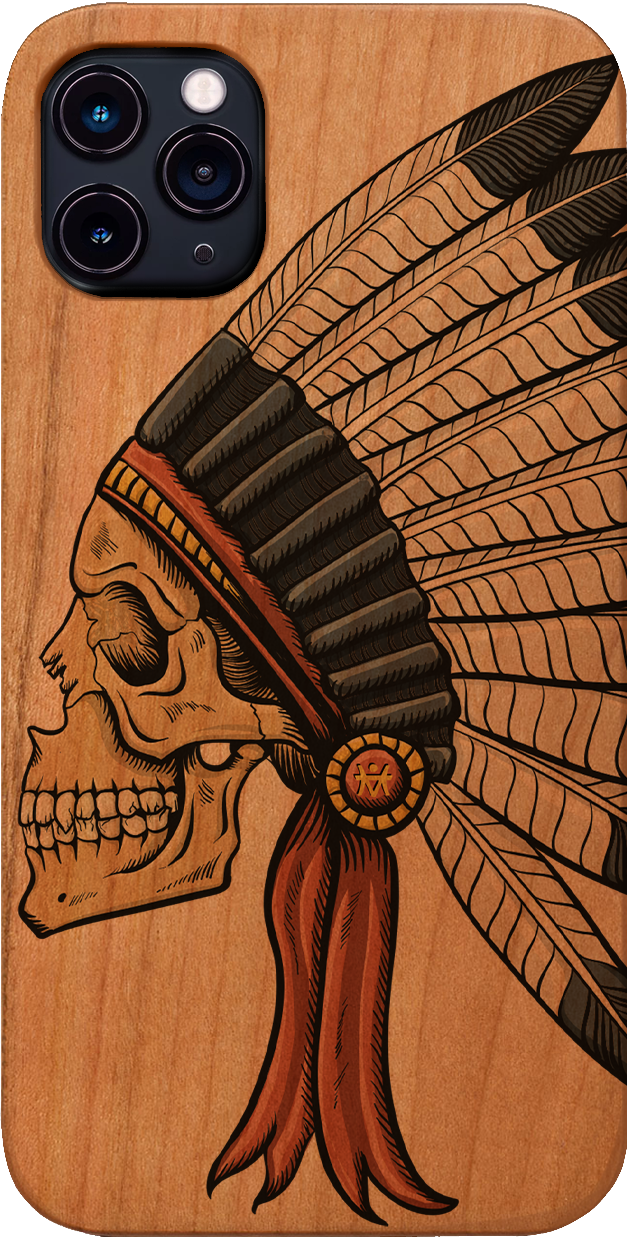 Indian Skull UV Color Printed phone case showcasing vibrant colors and intricate design on a wooden surface.