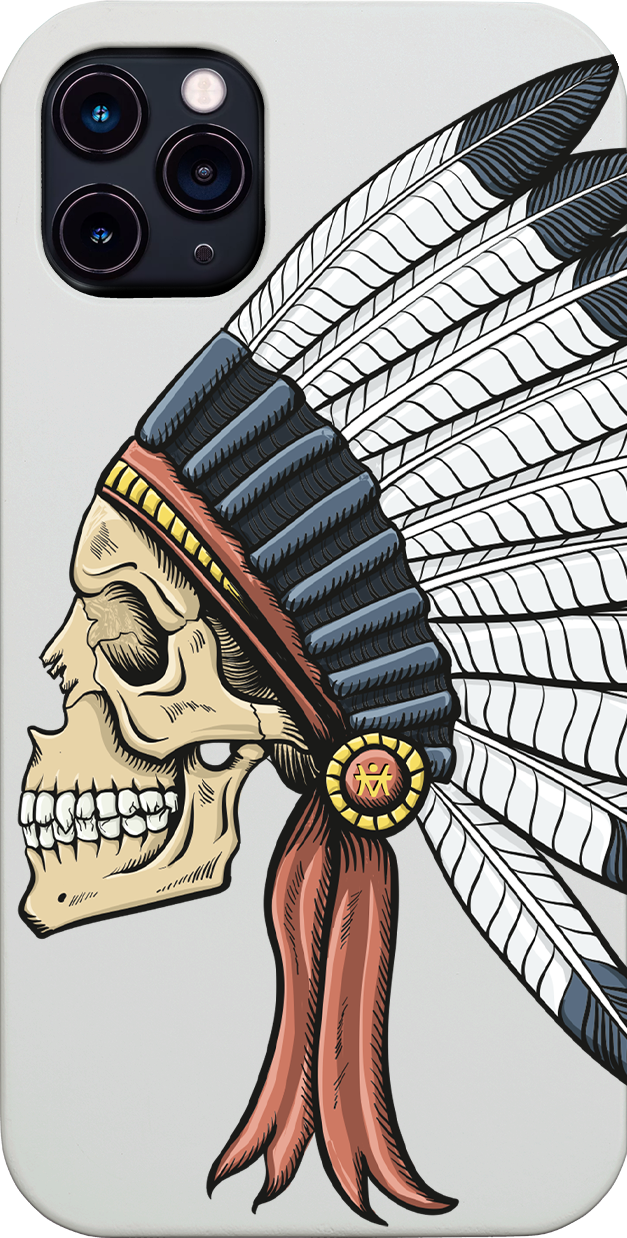 Indian Skull UV Color Printed phone case showcasing vibrant colors and intricate design on a wooden surface.