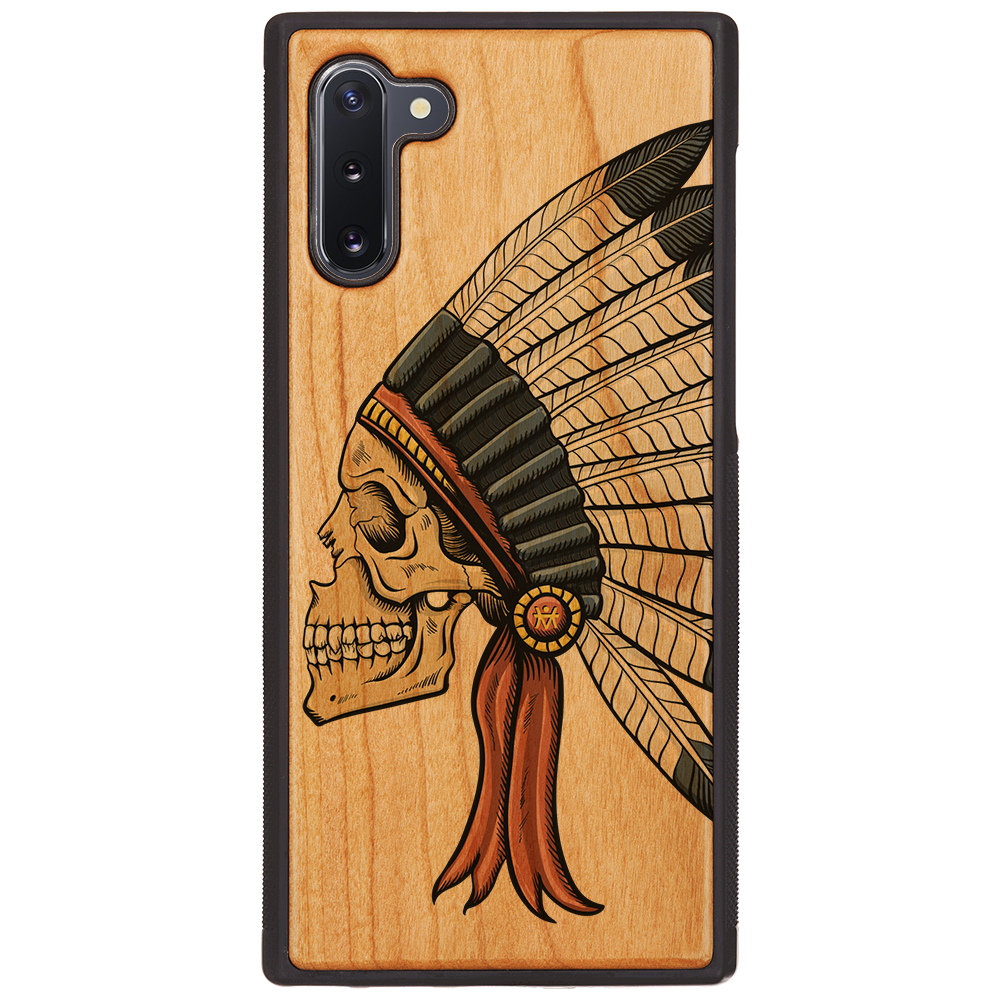 Indian Skull UV Color Printed phone case showcasing vibrant colors and intricate design on a wooden surface.