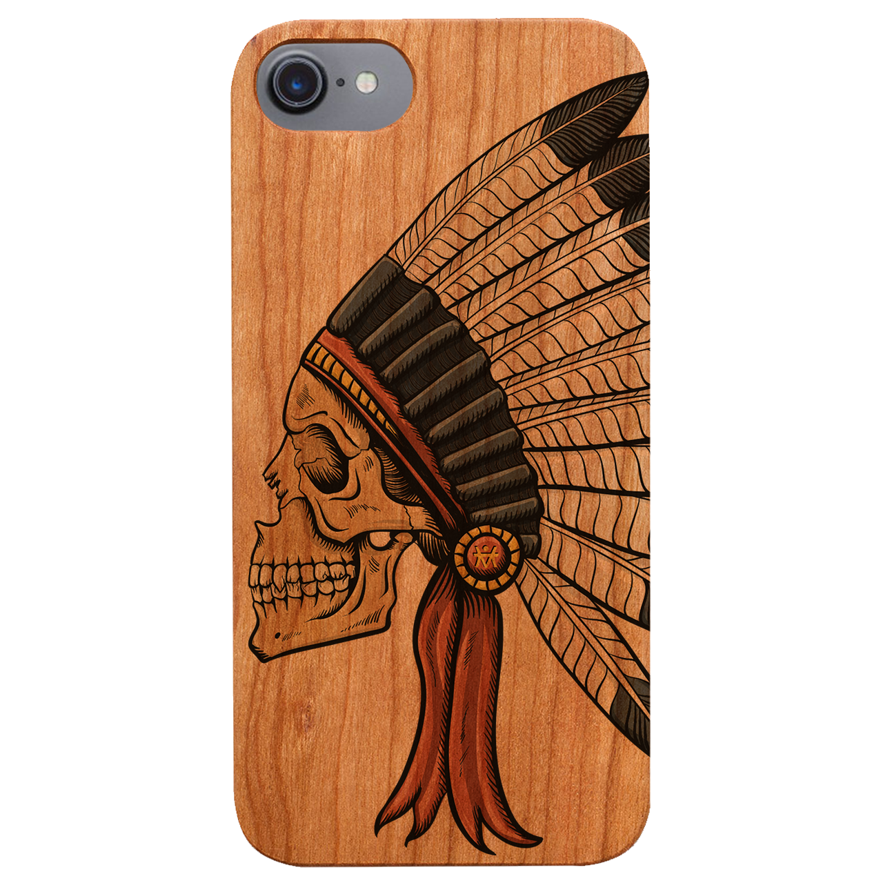 Indian Skull UV Color Printed phone case showcasing vibrant colors and intricate design on a wooden surface.