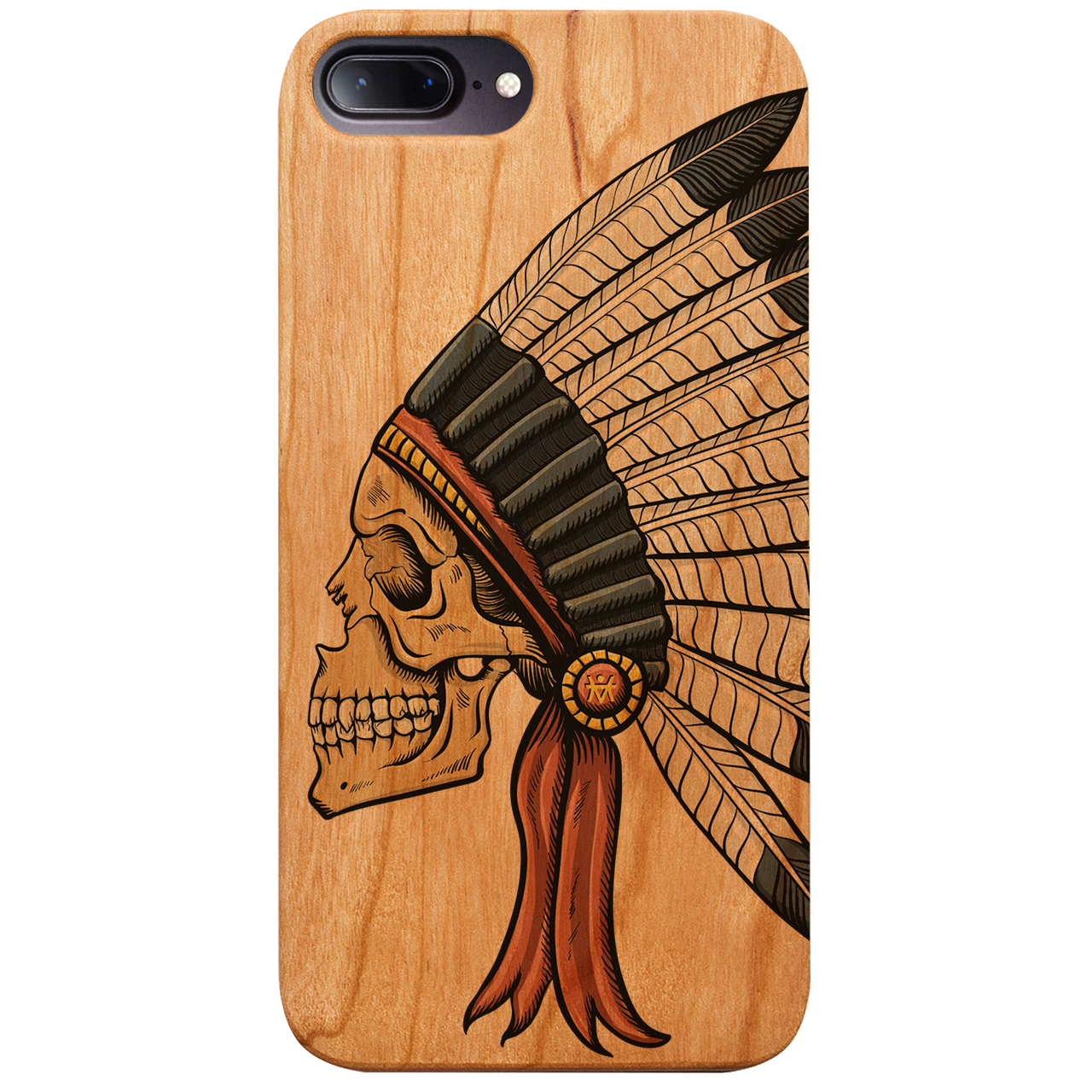 Indian Skull UV Color Printed phone case showcasing vibrant colors and intricate design on a wooden surface.