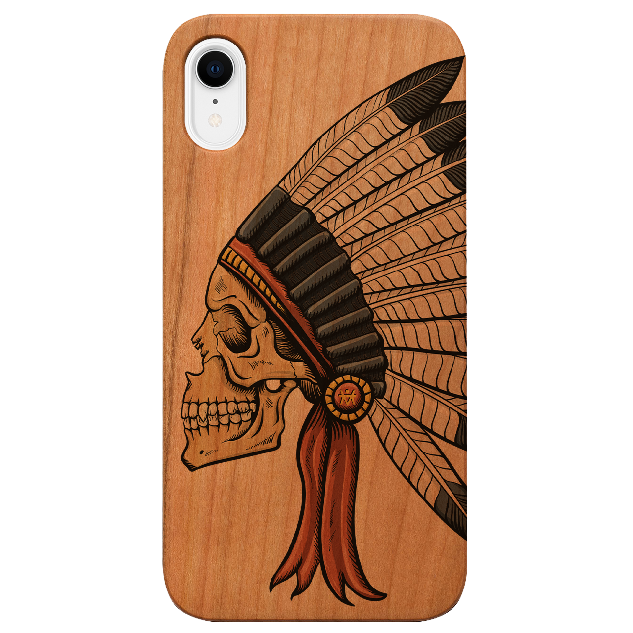 Indian Skull UV Color Printed phone case showcasing vibrant colors and intricate design on a wooden surface.