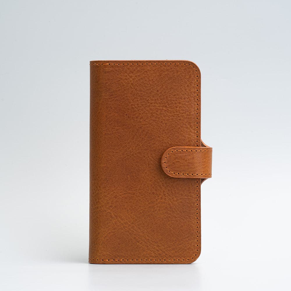 iPhone 12/13 Full-Grain Leather Folio Case Wallet with MagSafe, showcasing premium leather and sleek design.