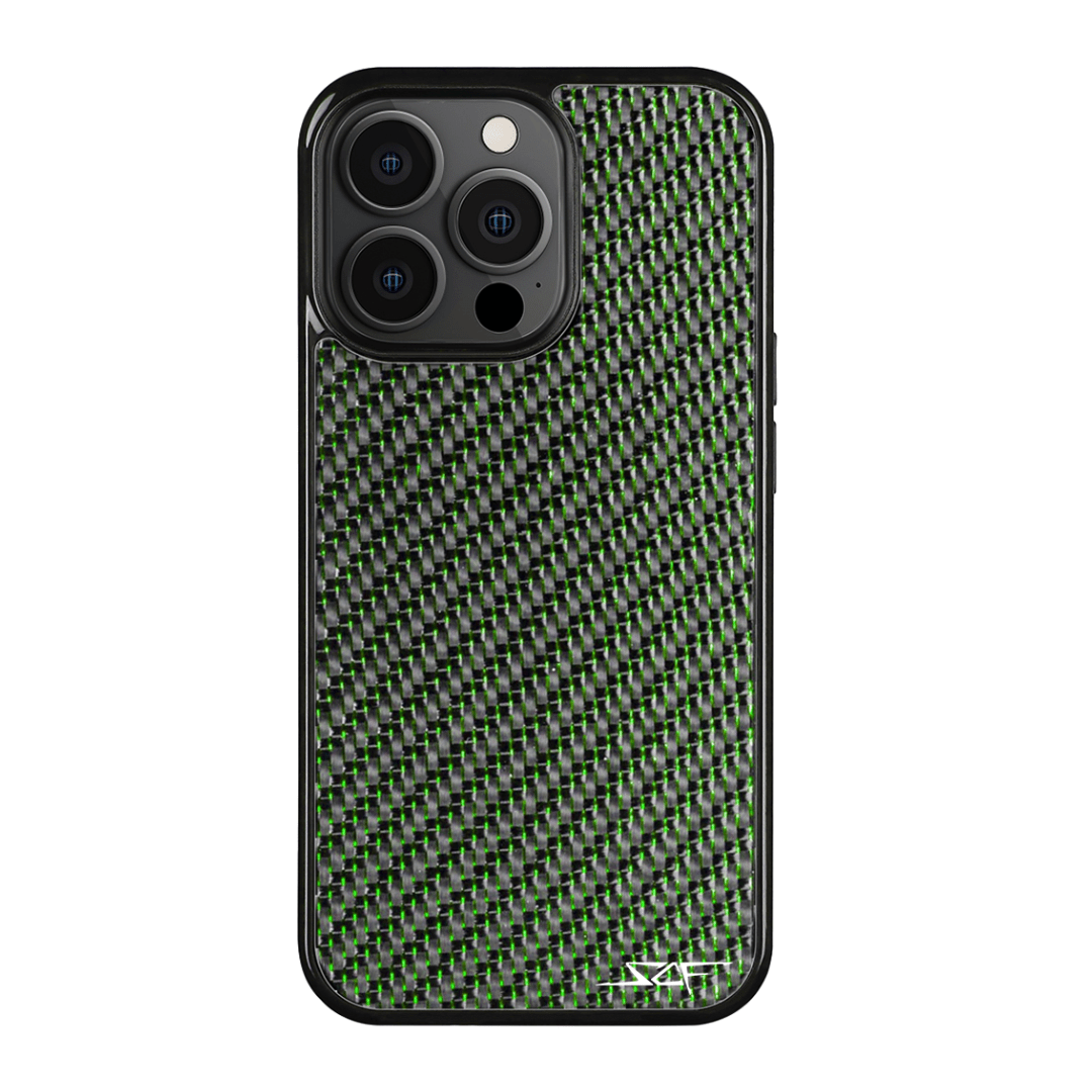Green Laced Real Carbon Fiber Phone Case for iPhone, showcasing unique patterns and aluminum strings.