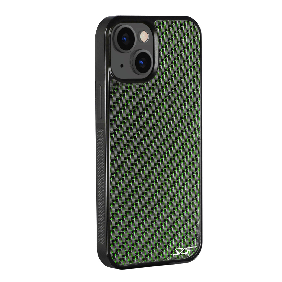Green Laced Real Carbon Fiber Phone Case for iPhone, showcasing unique patterns and aluminum strings.