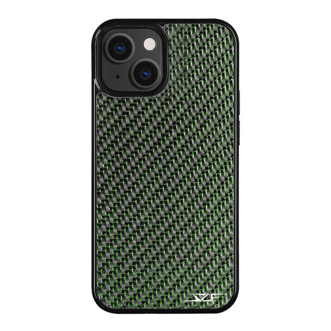 Green Laced Real Carbon Fiber Phone Case for iPhone, showcasing unique patterns and aluminum strings.